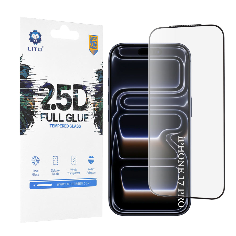 Film de protection d'écran Lito pour Apple iPhone 17 Pro, Verre Trempé, Full Glue, 2.5D, Noir