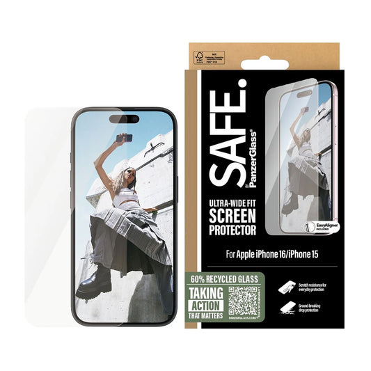 Film de protection d'écran PanzerGlass Safe. Ultra-Wide Fit pour Apple iPhone 16 / 15, Verre Trempé, Full Glue.