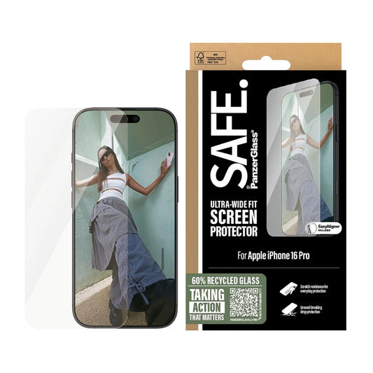 Film de protection d'écran PanzerGlass Safe. Ultra-Wide Fit pour Apple iPhone 16 Pro, Verre Trempé, Full Glue.