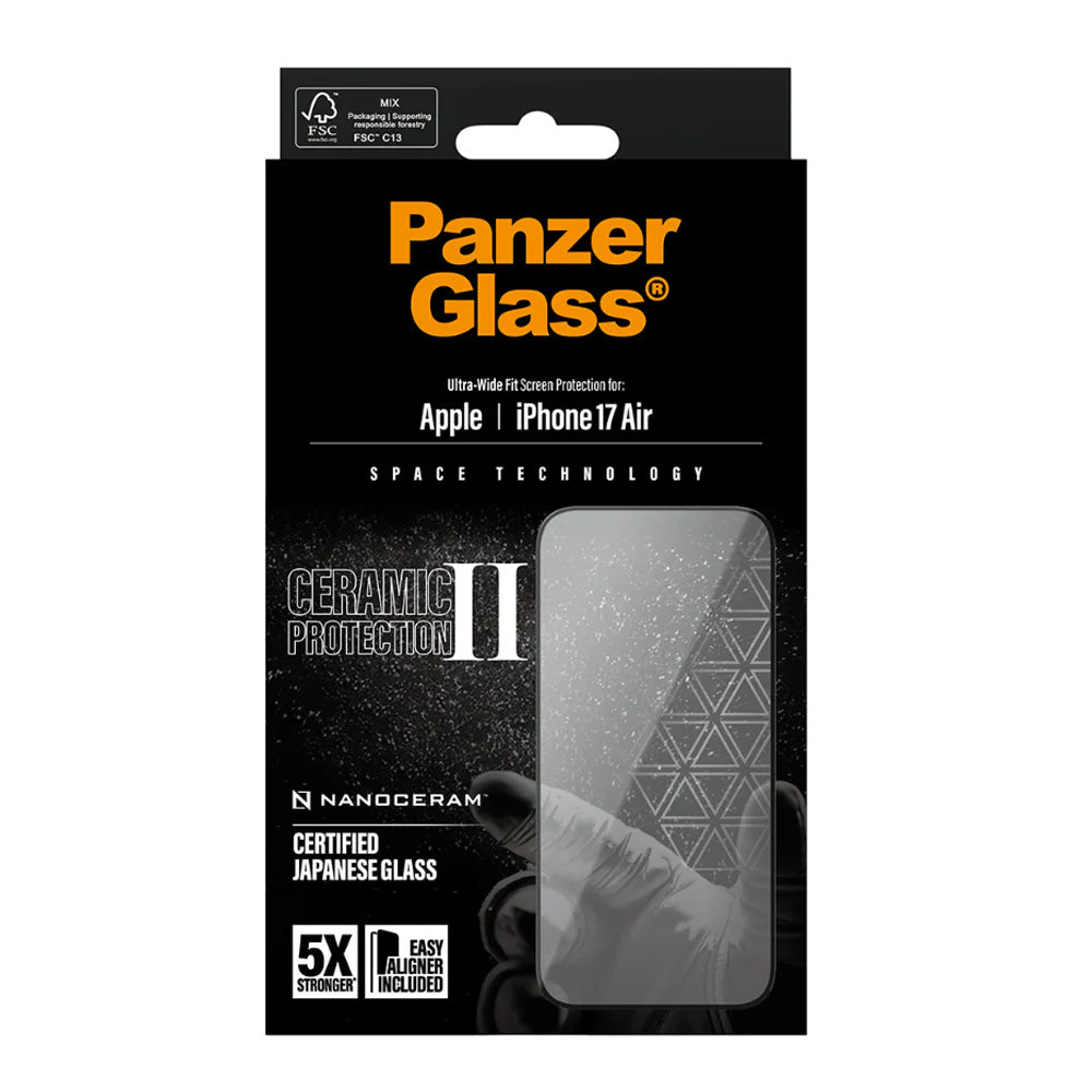 Beschermfolie PanzerGlass Ultra-Wide Ceramic II EasyAligner voor Apple iPhone 17 Air, Gehard Glas, Volledige Lijm, Zwart