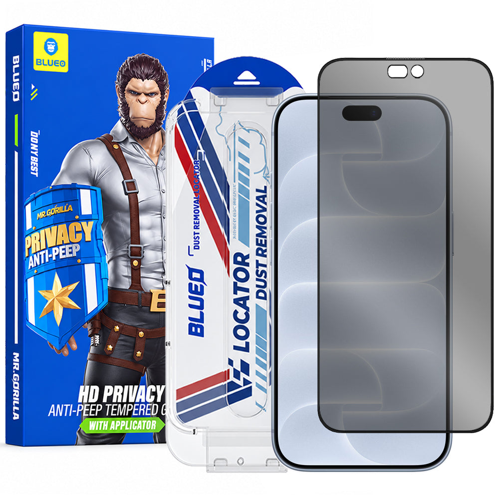 Blueo Anti-Peep Applicator Pro privacy-schermbeschermer voor Apple iPhone 18 Pro, gehard glas, volledige kleeflaag