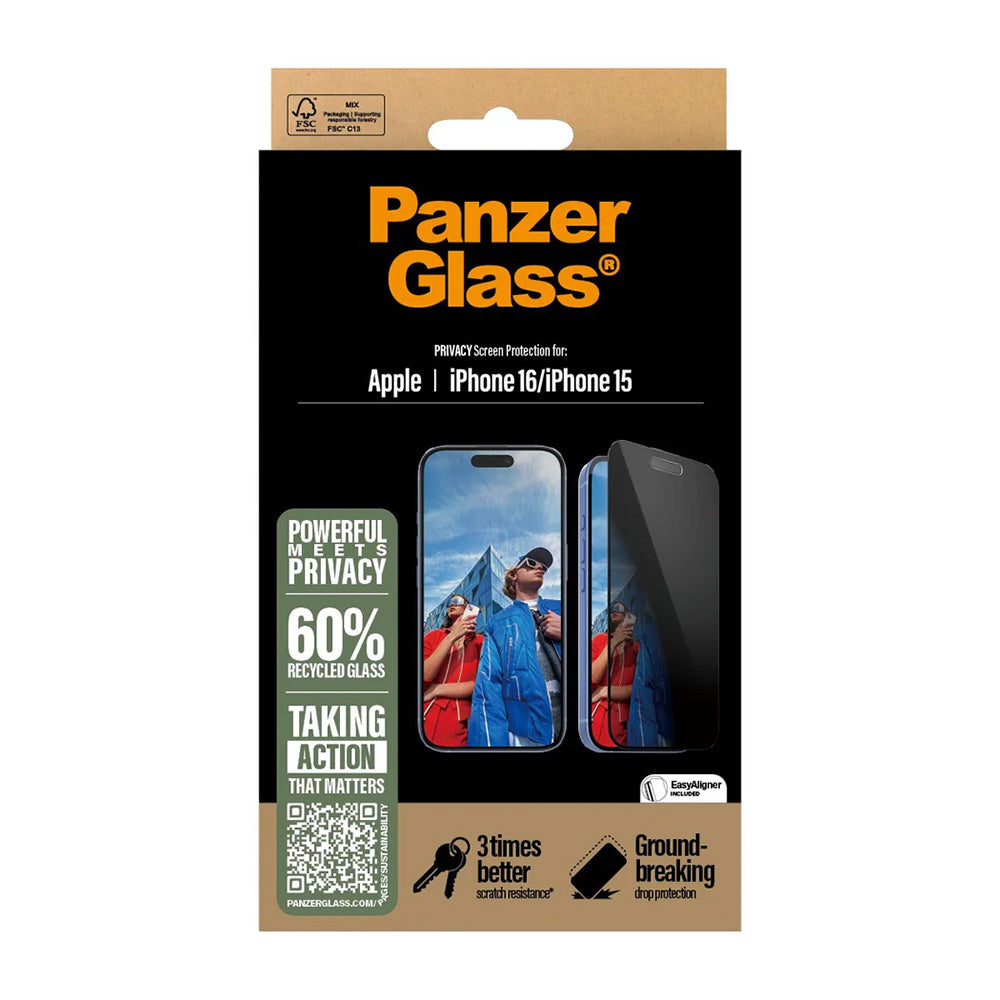 Privacy-schermbeveiligingsfolie PanzerGlass Ultra-Wide Fit EasyAligner voor Apple iPhone 16 / 15, Gehard Glas, Volledige Lijm