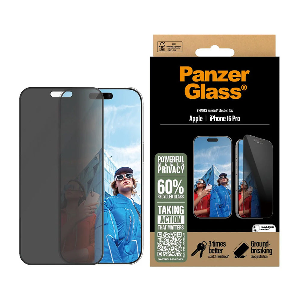 Beschermfolie Privacy Scherm PanzerGlass Ultra-Wide Fit EasyAligner voor Apple iPhone 16 Pro, Gehard Glas, Volledige Lijm