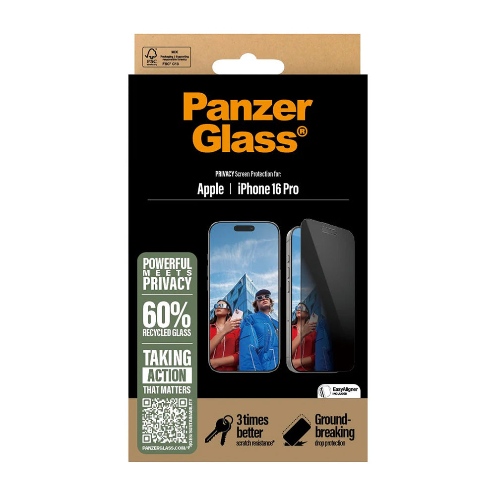 Beschermfolie Privacy Scherm PanzerGlass Ultra-Wide Fit EasyAligner voor Apple iPhone 16 Pro, Gehard Glas, Volledige Lijm