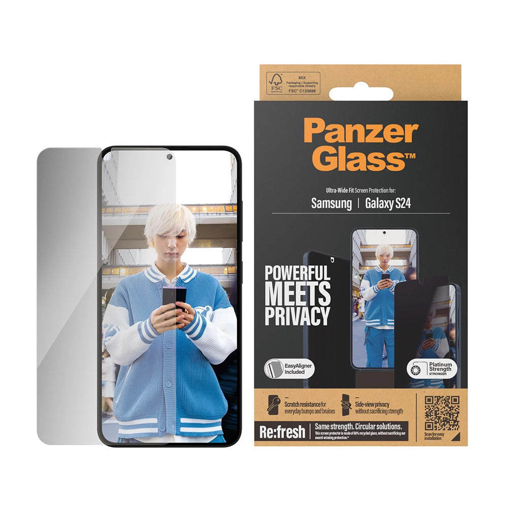 Beschermfolie Privacy PanzerGlass Ultra-Wide Fit EasyAligner voor Samsung Galaxy S24 S921, Gehard Glas, Volledige Lijm