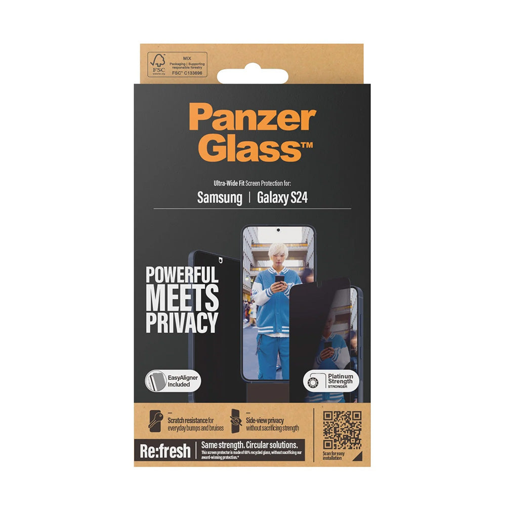 Beschermfolie Privacy PanzerGlass Ultra-Wide Fit EasyAligner voor Samsung Galaxy S24 S921, Gehard Glas, Volledige Lijm