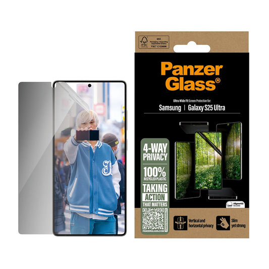 Beschermfolie Privacy PanzerGlass Ultra-Wide Fit Eco Matrix 4-Way voor Samsung Galaxy S25 Ultra S938, Gehard Glas, Volledige Lijm