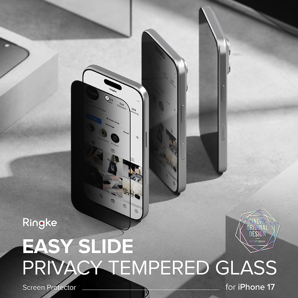 Privacy Screen Protector Ringke Easy Slide voor Apple iPhone 17 Pro, Gehard Glas, Volledige Lijm, Set van 2 stuks