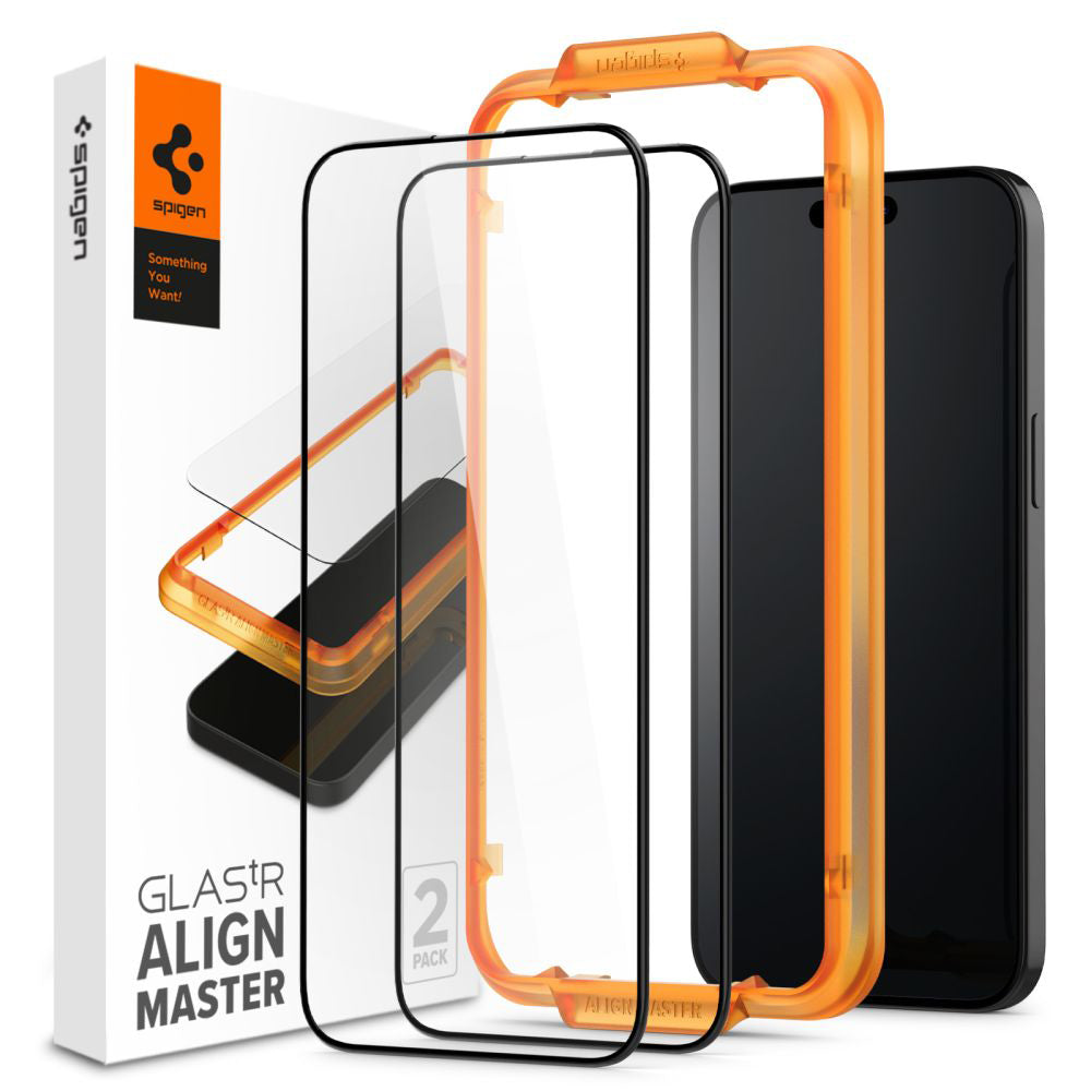 Schutzfolie Spigen GlastR Align Master für Apple iPhone 15 Plus, gehärtetes Glas, Full Glue, Set mit 2 Stück, Schwarz AGL06886