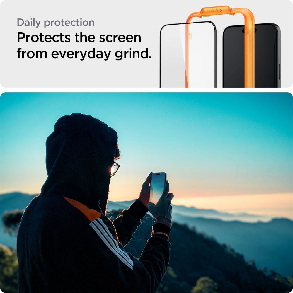 Schutzfolie Spigen GlastR Align Master für Apple iPhone 15 Plus, gehärtetes Glas, Full Glue, Set mit 2 Stück, Schwarz AGL06886