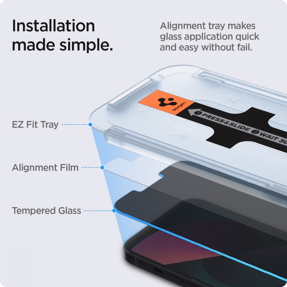 Privacy-Schutzfolie Spigen GlastR EZ FIT für Apple iPhone 17e / 16e / 14 / 13 Pro, gehärtetes Glas, Full Glue, 2er-Set AGL03388