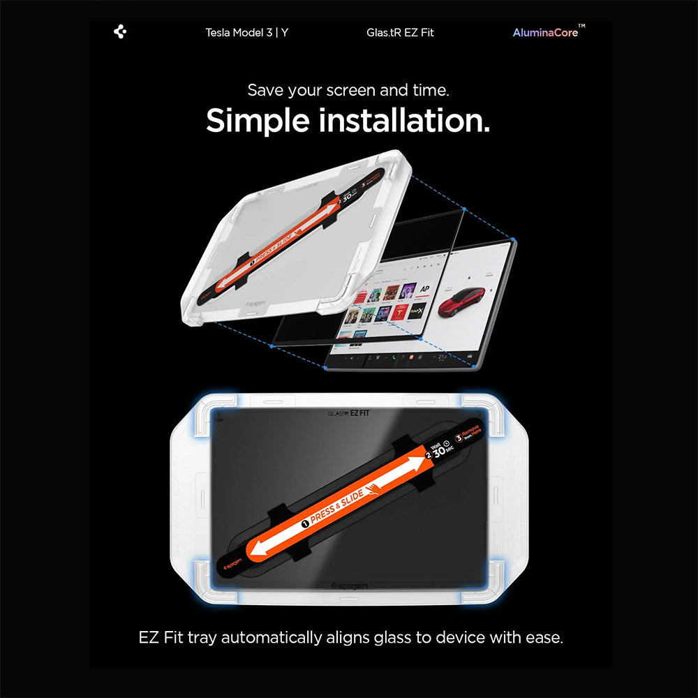 Film de protection Spigen GlastR EZ FIT pour navigation Tesla Y (2026 / 2025) / 3 (2026 / 2025 / 2024), Verre trempé AGL10654