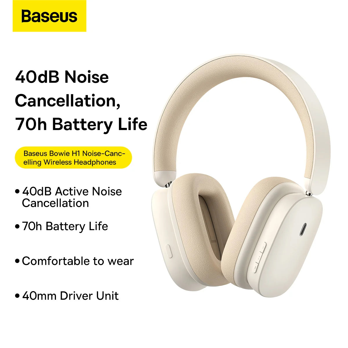 Handsfree Bluetooth Baseus Bowie H1, A2DP, ANC, Crème NGTW230202