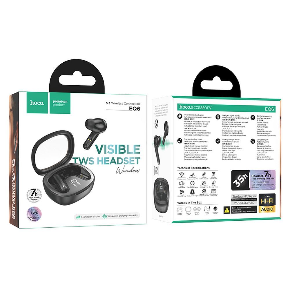 Kit mains libres Bluetooth HOCO Shadow EQ6, TWS, noir