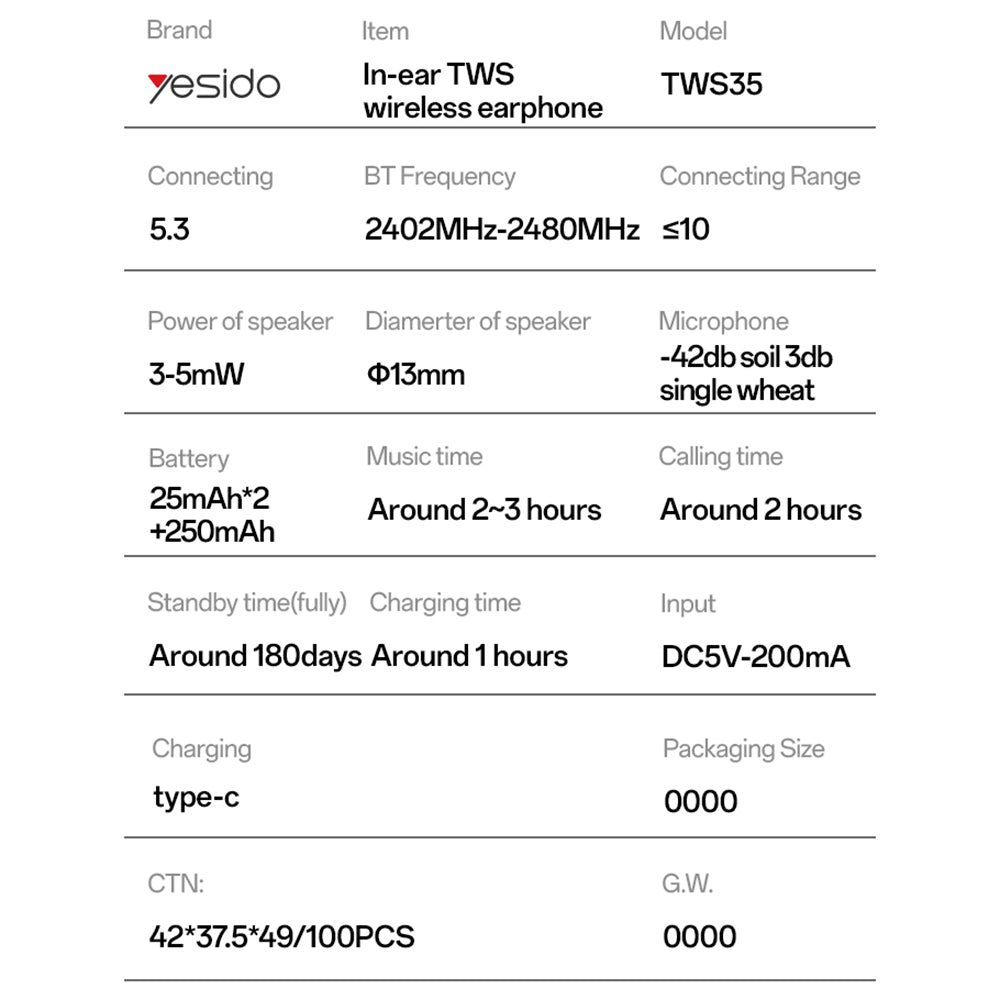 Kit mains libres Bluetooth Yesido TWS35, TWS, Blanc
