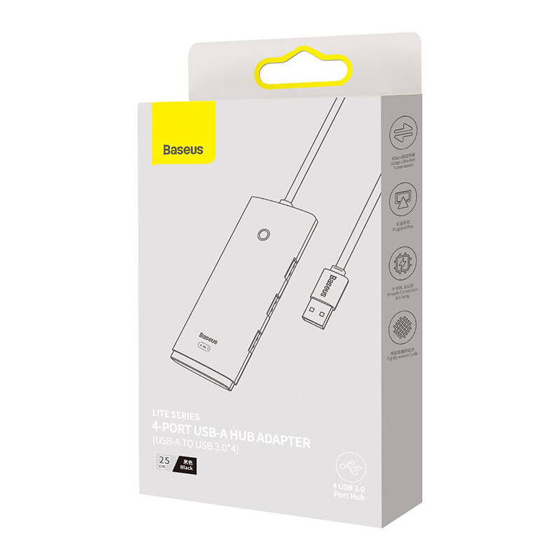 Baseus Lite USB Hub, 4 x USB-A 3.0 - 1 x USB-C, 0.25m, Black WKQXX030001