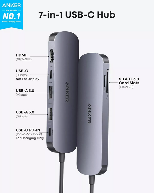 Hub USB-C Anker, 2 x USB-A 3.0 - 2 x USB-C - 1 x HDMI - 1 x SD - 1 x microSD, Grijs A83D2HA1