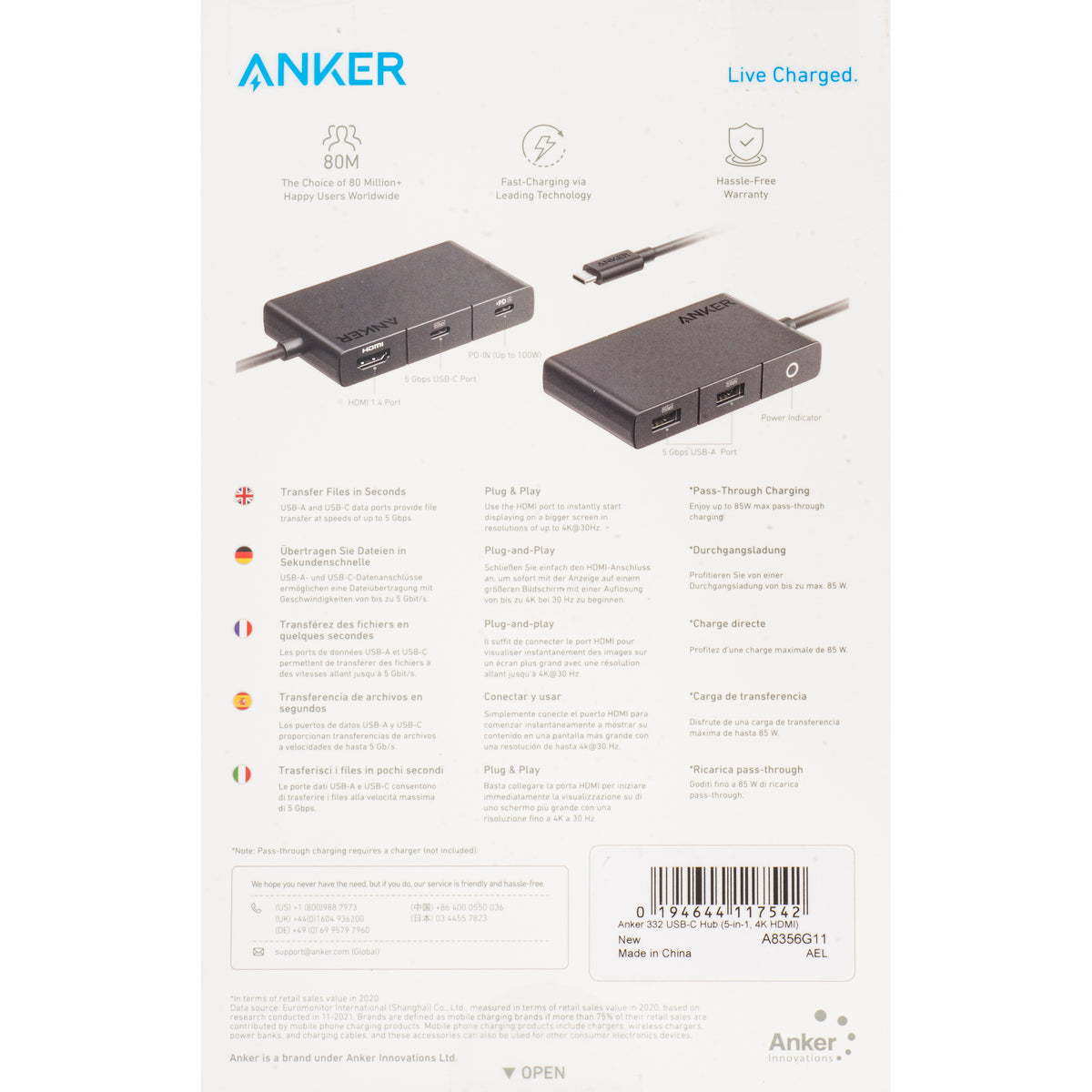 USB-C Hub Anker 332, 2 x USB-A - 2 x USB-C - 1 x HDMI, Zwart A8356G11