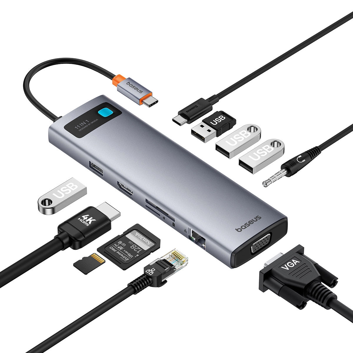 Hub USB-C Baseus Metal Gleam, 3 x USB-A 3.0 - 1 x USB-A - 1 x USB-C - 1 x HDMI - 1 x VGA - 1 x Klinkenstecker 3,5 mm - 1 x RJ45 - 1 x SD - 1 x microSD, Grau