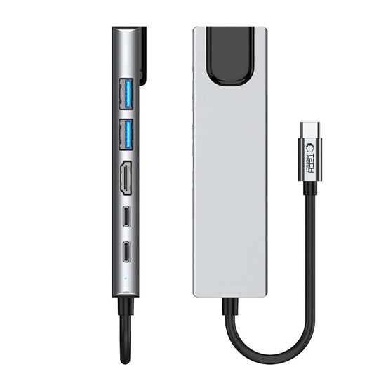 Hub USB-C Tech-Protect HB02, 1 x USB-A 3.0 - 1 x USB-A - 2 x USB-C - 1 x HDMI - 1 x RJ45, Grau