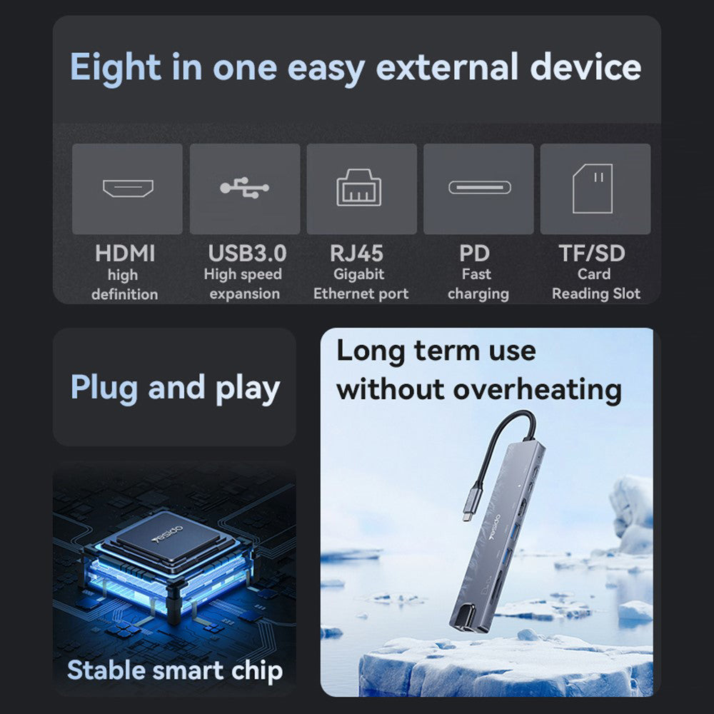 USB-C Hub Yesido HB27, 8in1, Grijs