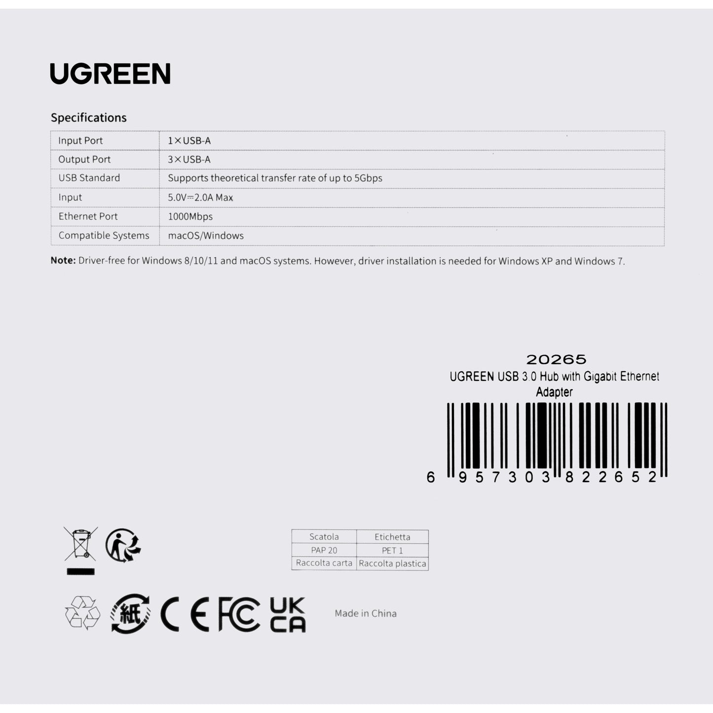 USB-Hub UGREEN 20265, 3 x USB-A 3.0 - 1 x RJ45, Schwarz