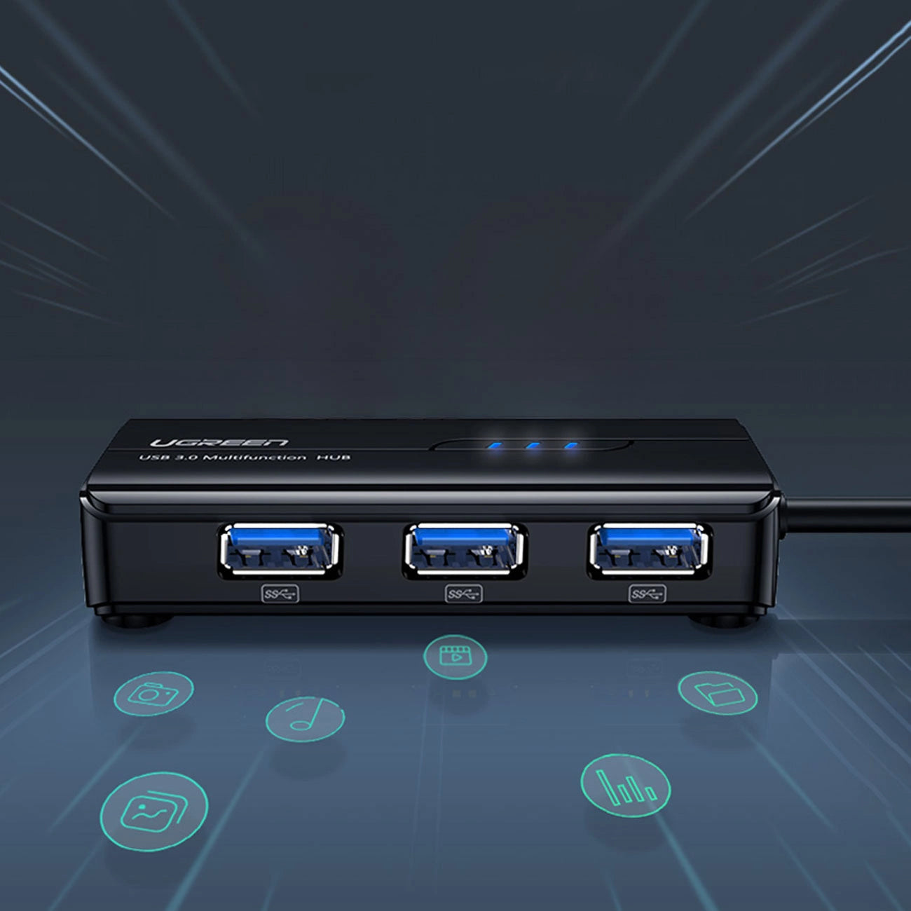 USB-Hub UGREEN 20265, 3 x USB-A 3.0 - 1 x RJ45, Schwarz