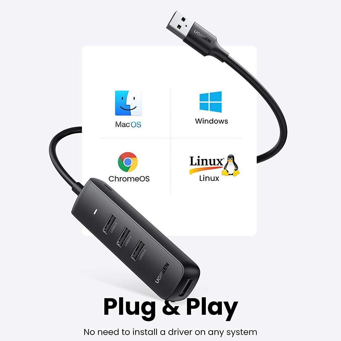UGREEN CM416 USB Hub, 4 x USB-A 3.0, 0.25m, Black