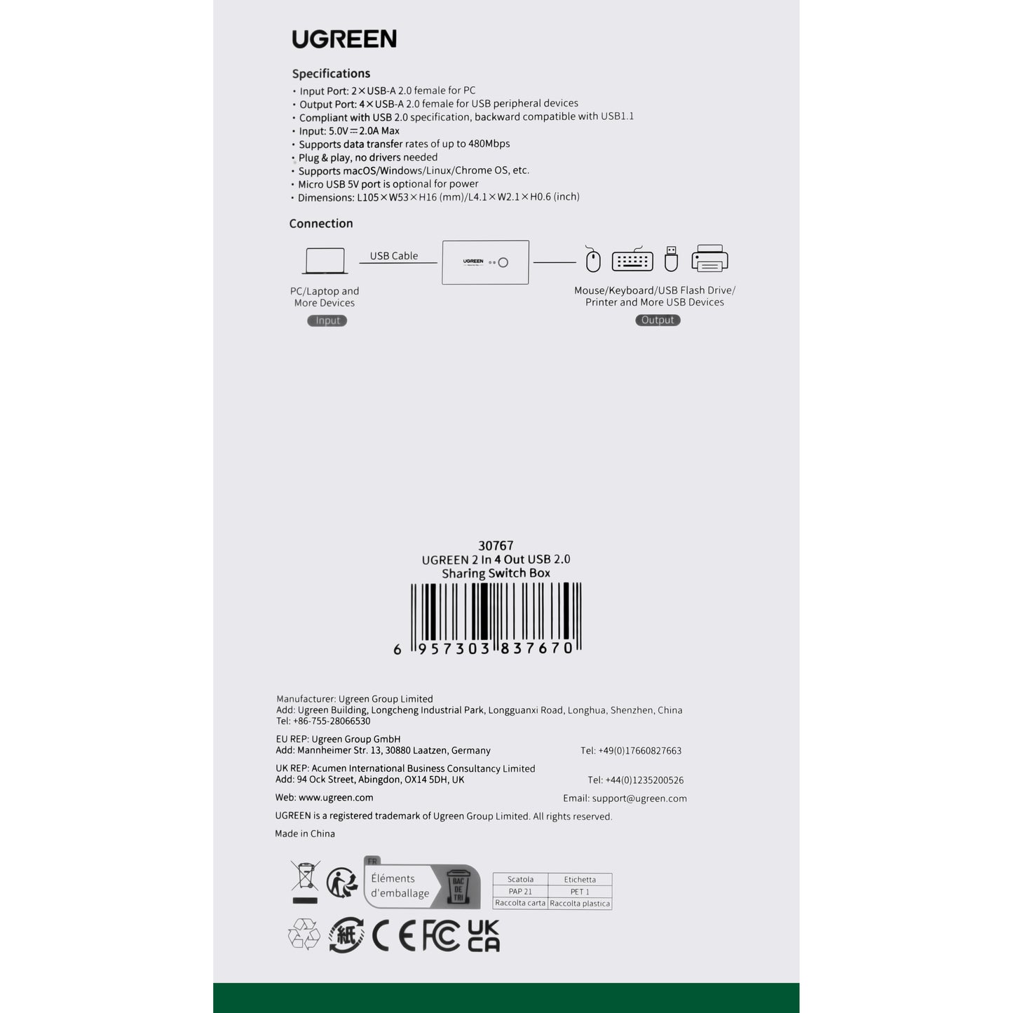 USB-Switch UGREEN US216 (30767) Two Sharing Box, 4 x USB-A, Schwarz