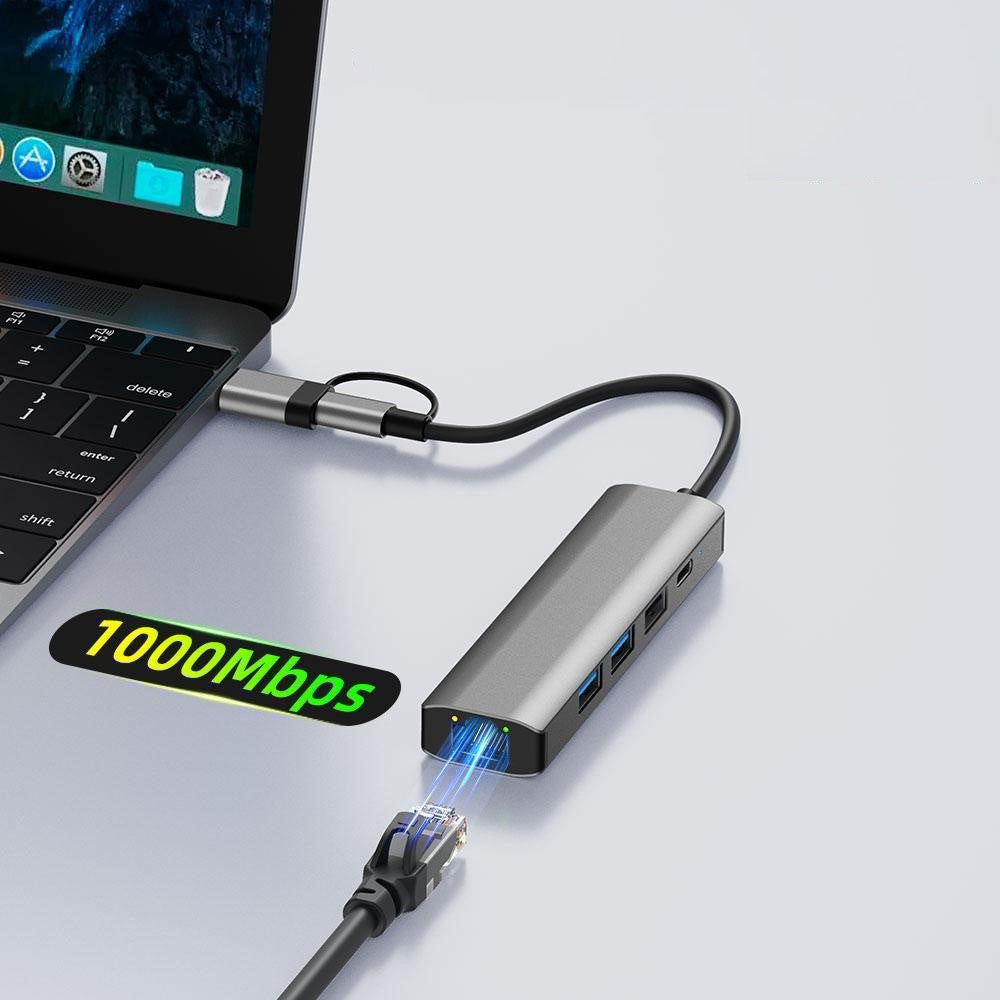 USB / USB-C Hub Techsuit H3 BoostNetLink, 5in1, Grau