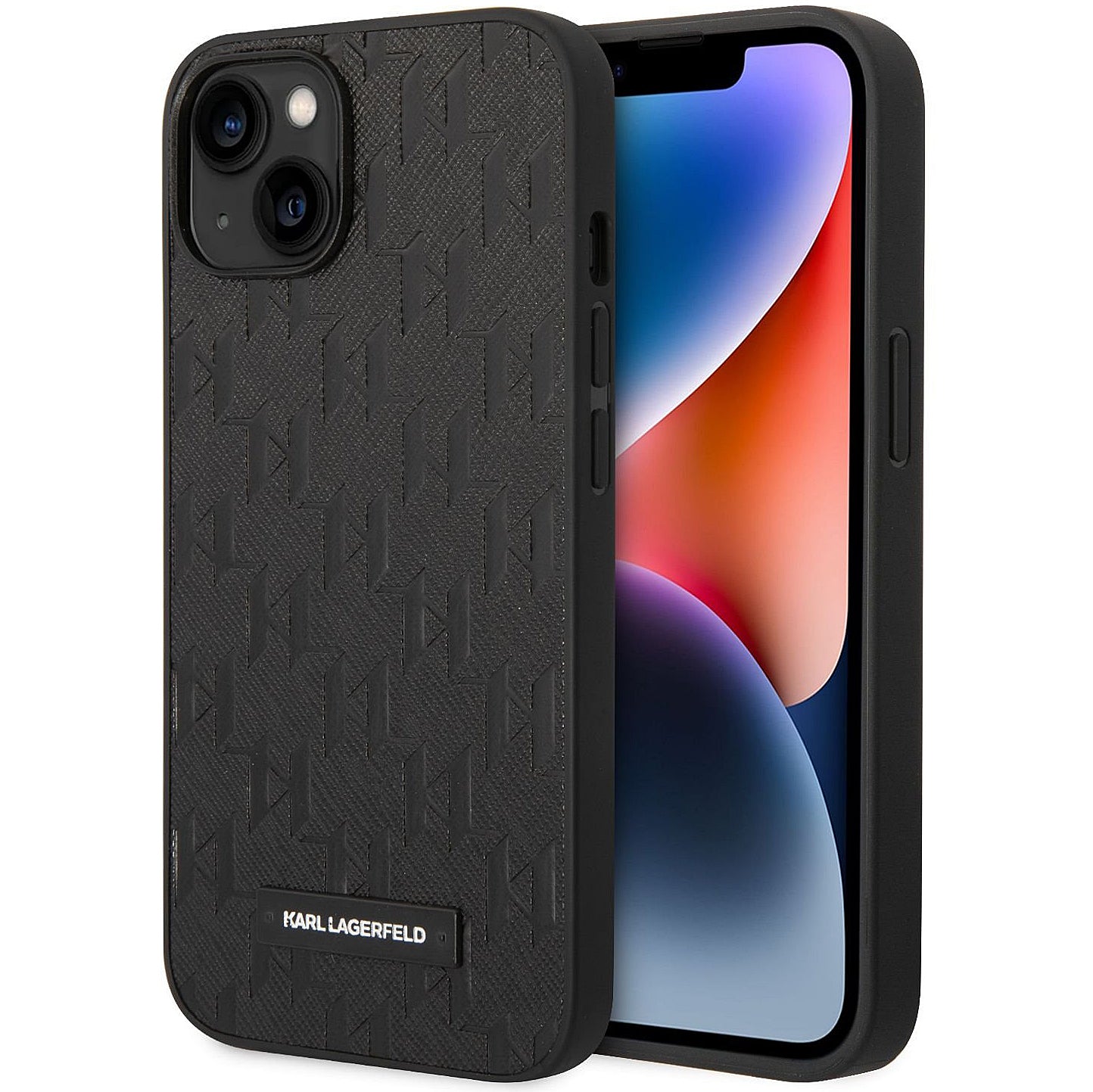 Coque pour Apple iPhone 14 Plus, Karl Lagerfeld, Monogramme Saffiano avec Logo Métallique, Noire