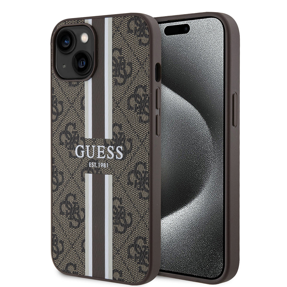 MagSafe Hülle für Apple iPhone 15, Guess, 4G Printed Stripes, Braun