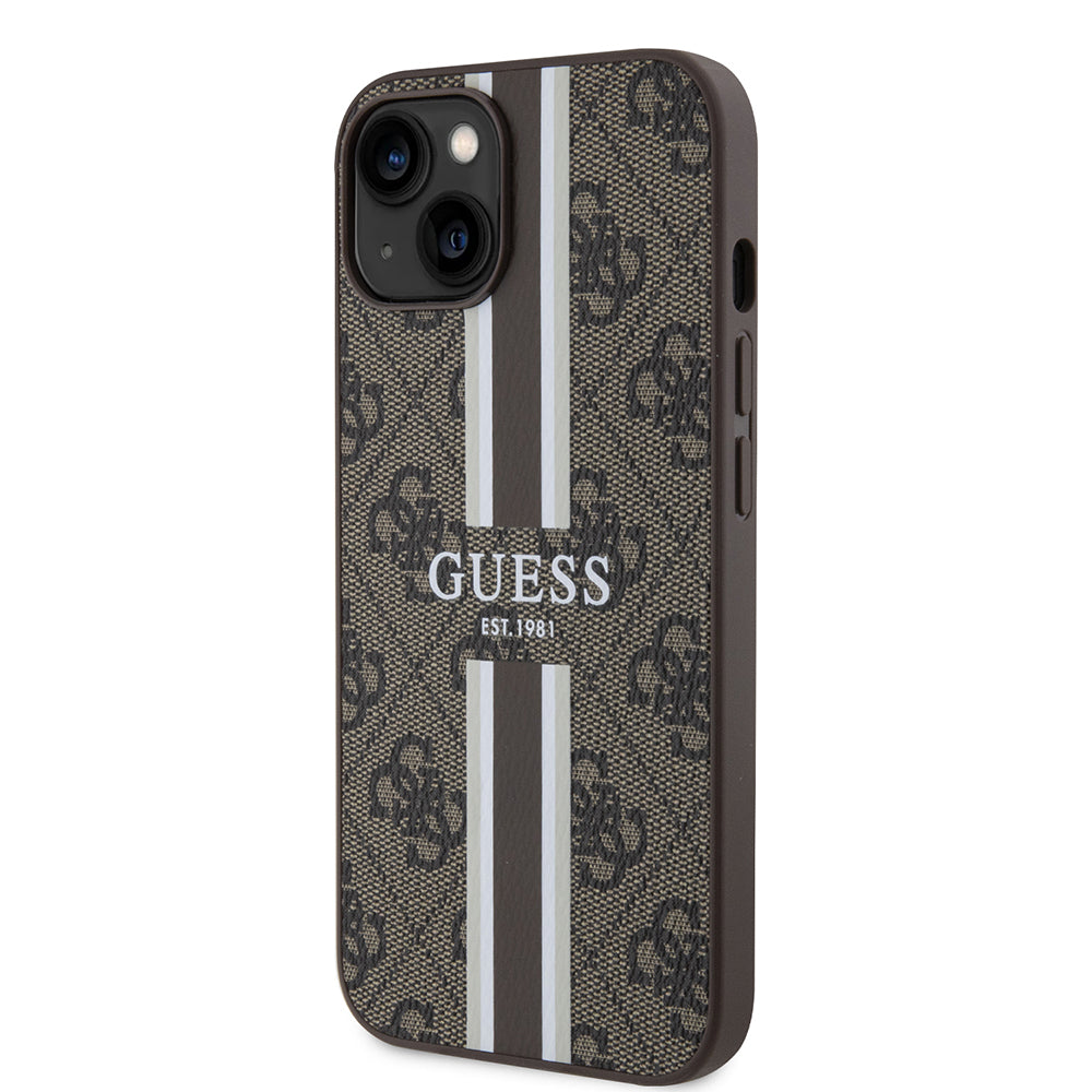 MagSafe Hülle für Apple iPhone 15, Guess, 4G Printed Stripes, Braun