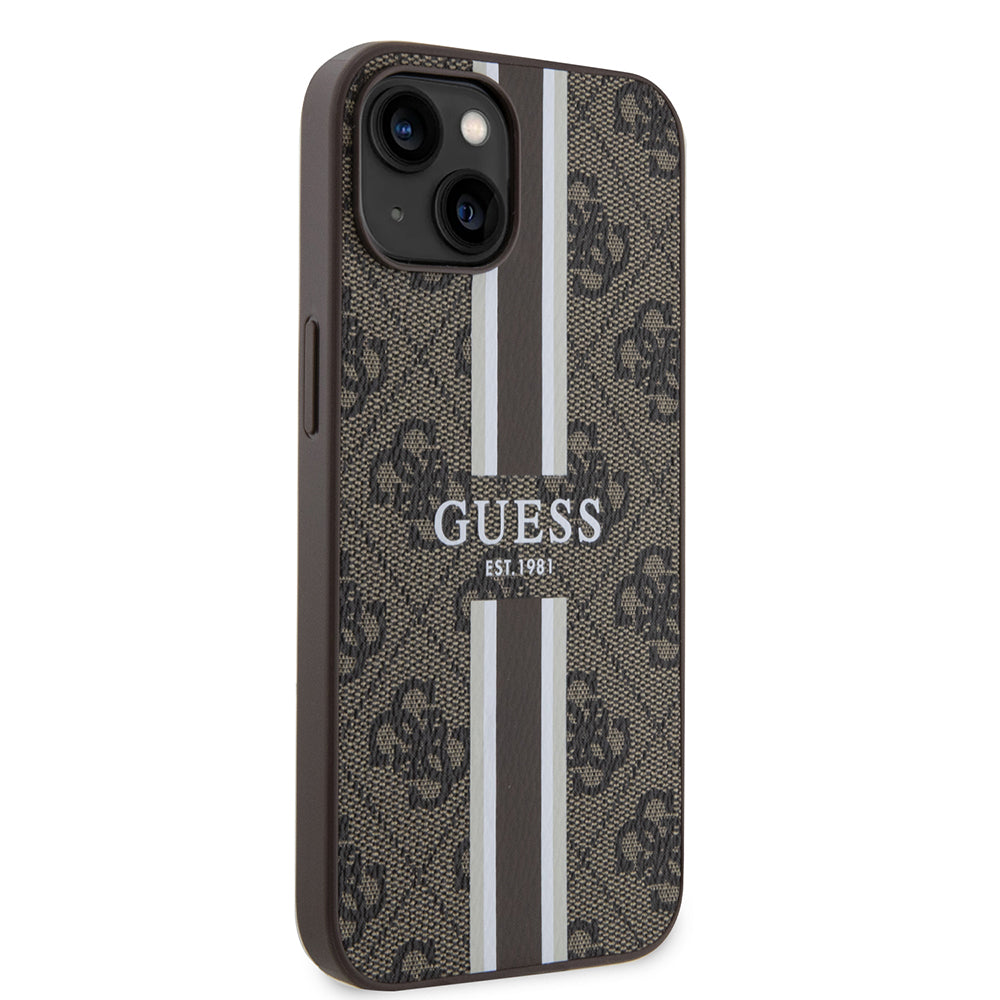 MagSafe Hülle für Apple iPhone 15, Guess, 4G Printed Stripes, Braun