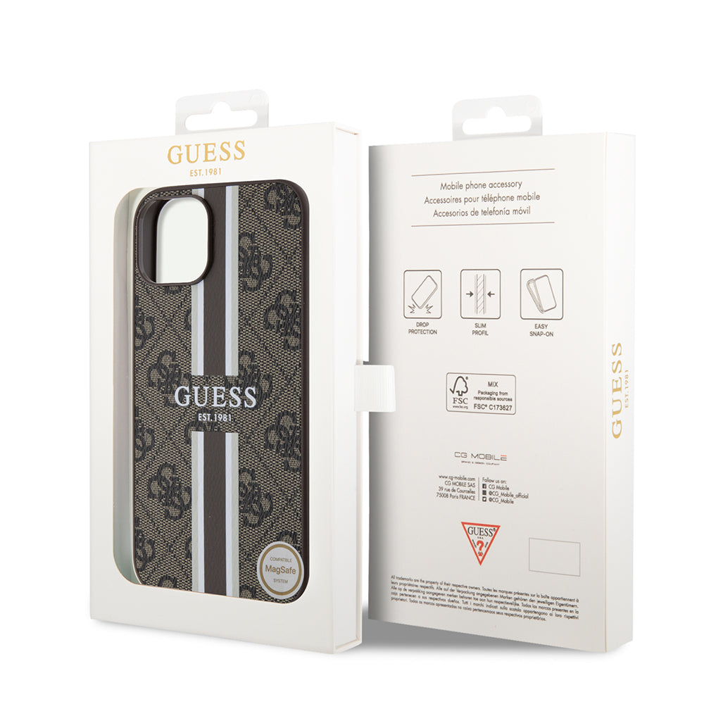 MagSafe Hülle für Apple iPhone 15, Guess, 4G Printed Stripes, Braun