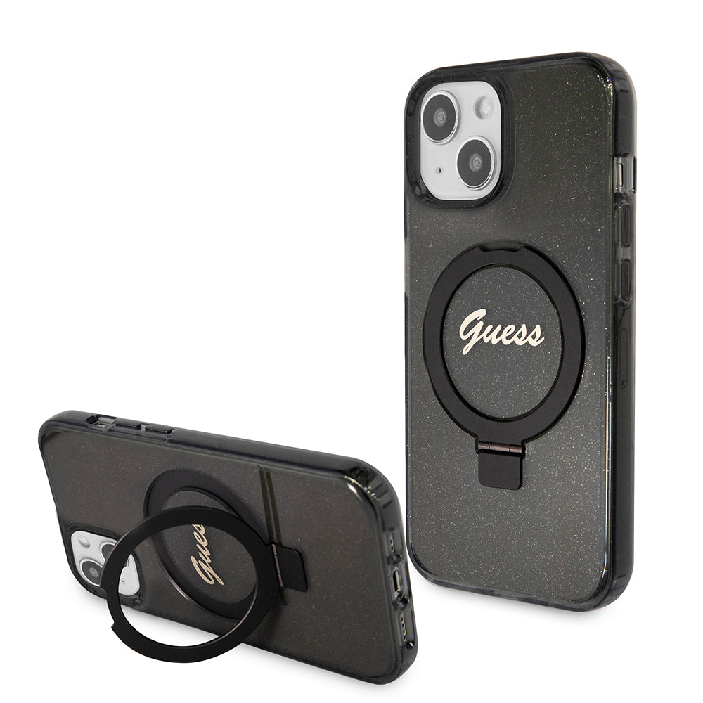 MagSafe hoes voor Apple iPhone 15, Guess, Ring Stand Script Glitter, Zwart