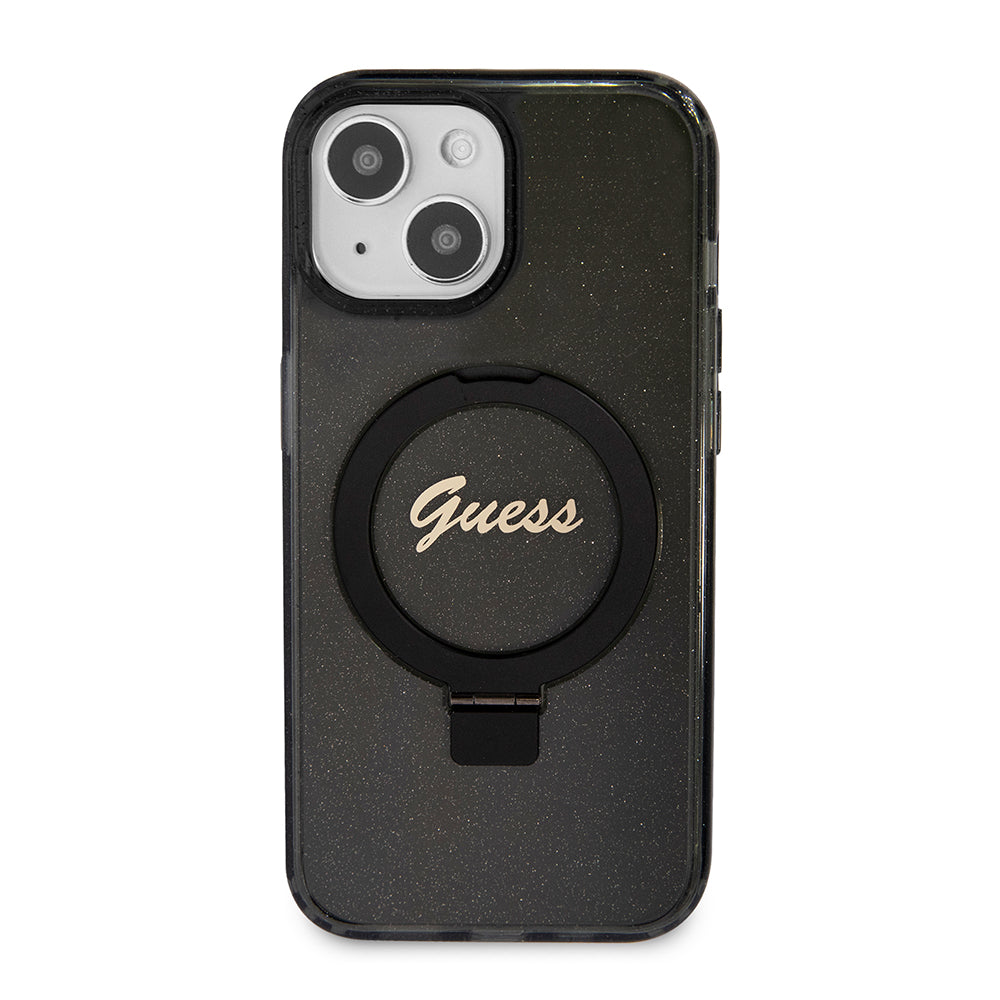 MagSafe hoes voor Apple iPhone 15, Guess, Ring Stand Script Glitter, Zwart
