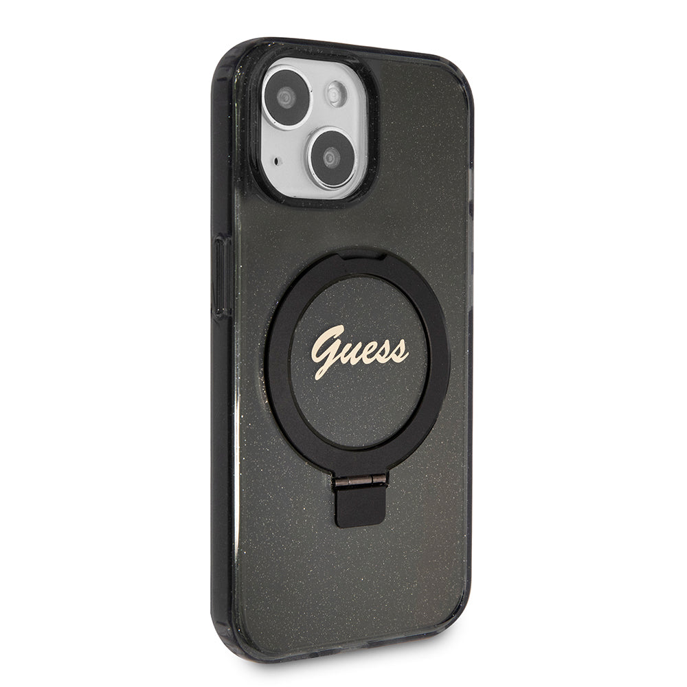 MagSafe hoes voor Apple iPhone 15, Guess, Ring Stand Script Glitter, Zwart