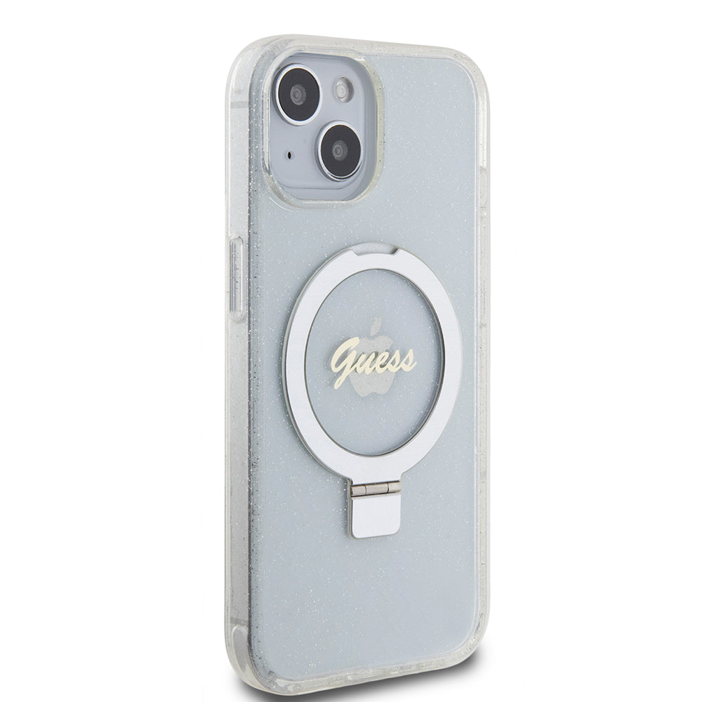 Coque MagSafe pour Apple iPhone 15, Guess, Ring Stand Script Glitter, Transparente