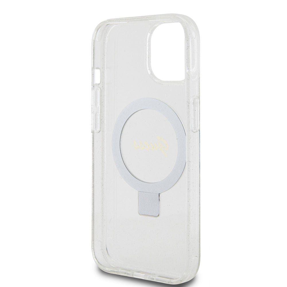 Coque MagSafe pour Apple iPhone 15, Guess, Ring Stand Script Glitter, Transparente