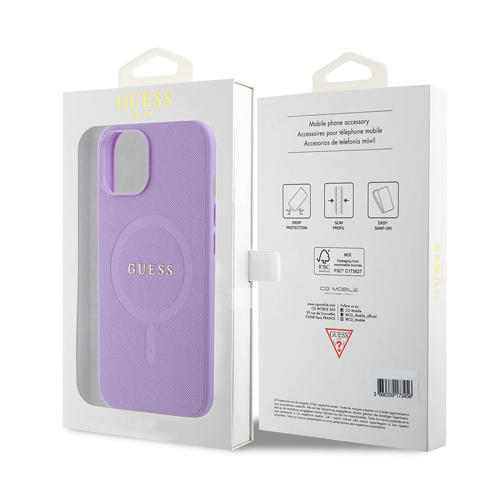 Étui MagSafe pour Apple iPhone 15, Guess, Saffiano, Violet
