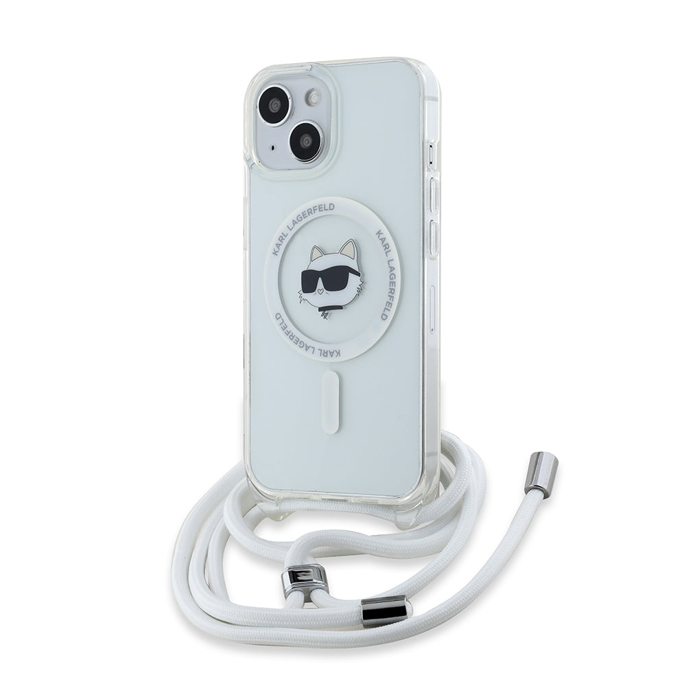 MagSafe Hülle für Apple iPhone 15, Karl Lagerfeld, IML Crossbody Choupette's Head mit Trageriemen, Transparent