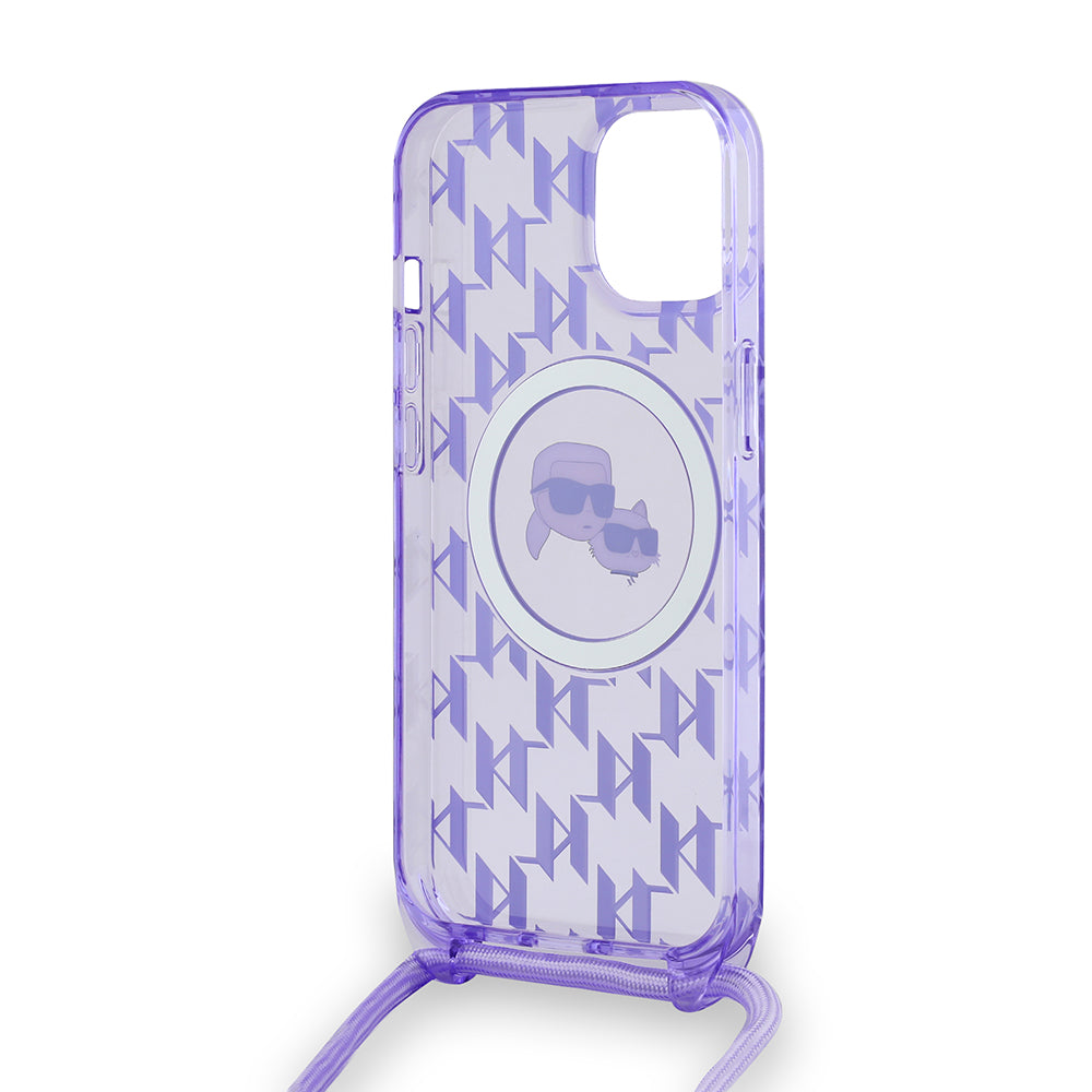 Étui MagSafe pour Apple iPhone 15, Karl Lagerfeld, IML Crossbody Monogramme Karl & Têtes de Choupette, Mauve