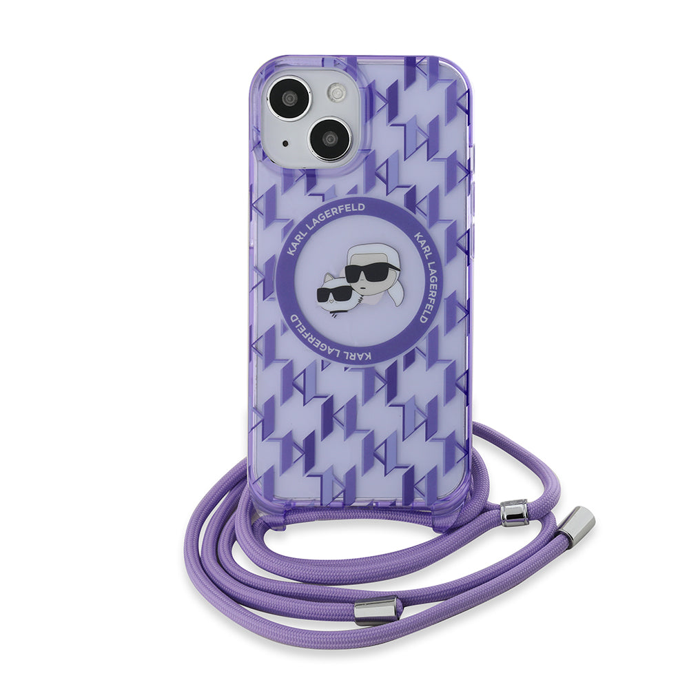 Étui MagSafe pour Apple iPhone 15, Karl Lagerfeld, IML Crossbody Monogramme Karl & Têtes de Choupette, Mauve