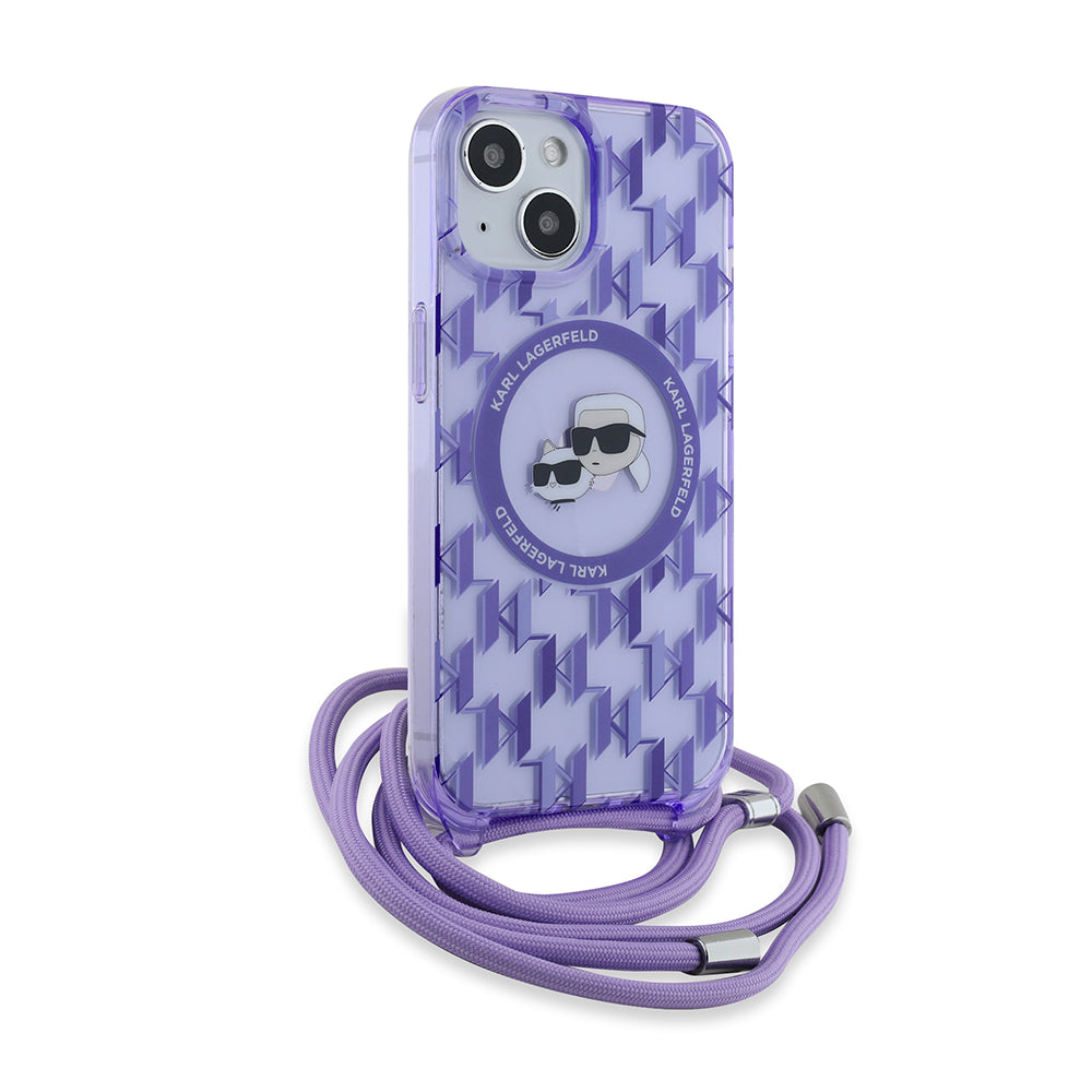 Étui MagSafe pour Apple iPhone 15, Karl Lagerfeld, IML Crossbody Monogramme Karl & Têtes de Choupette, Mauve