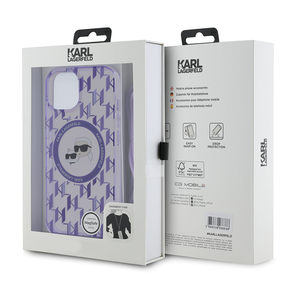 Étui MagSafe pour Apple iPhone 15, Karl Lagerfeld, IML Crossbody Monogramme Karl & Têtes de Choupette, Mauve