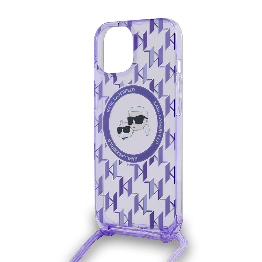 Étui MagSafe pour Apple iPhone 15, Karl Lagerfeld, IML Crossbody Monogramme Karl & Têtes de Choupette, Mauve