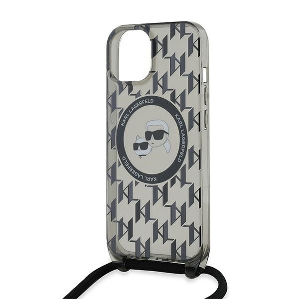 Étui MagSafe pour Apple iPhone 15, Karl Lagerfeld, IML Crossbody Monogramme Karl & Choupette's Heads, Noir