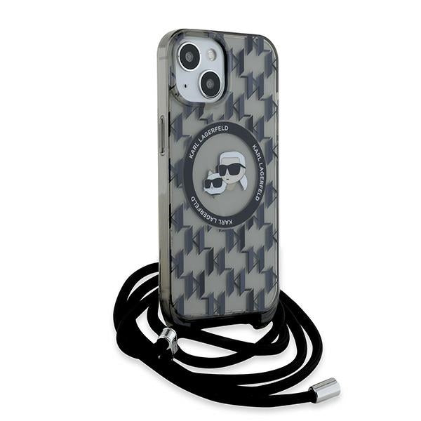 Étui MagSafe pour Apple iPhone 15, Karl Lagerfeld, IML Crossbody Monogramme Karl & Choupette's Heads, Noir