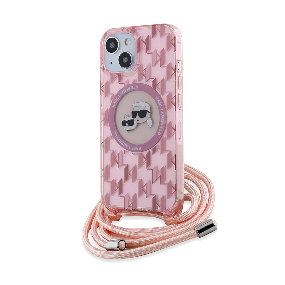 MagSafe Hülle für Apple iPhone 15, Karl Lagerfeld, IML Crossbody Monogram Karl & Choupette's Heads, Rosa